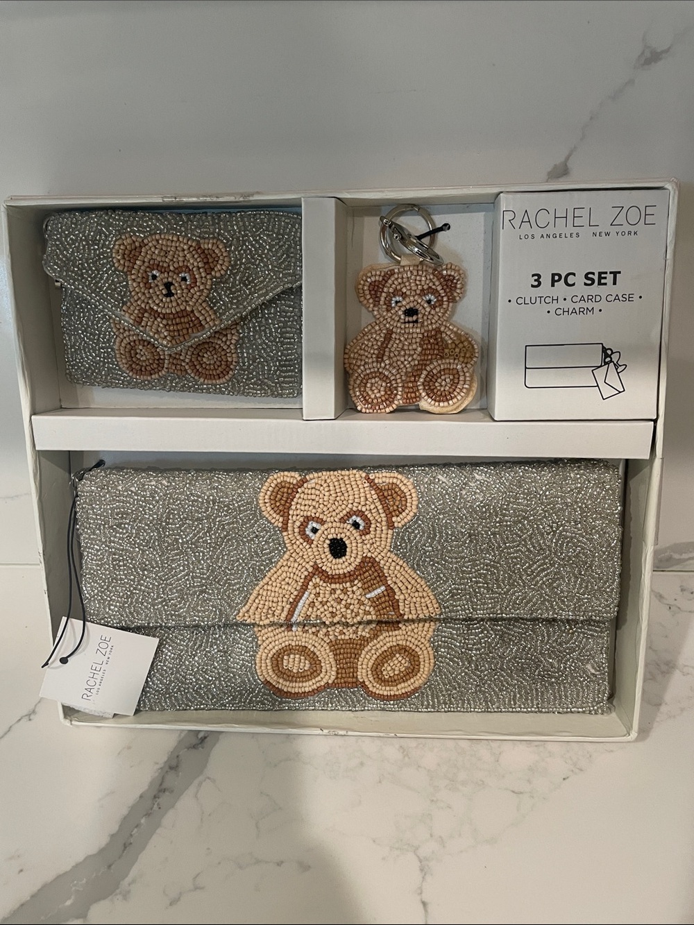 Rachel Zoe Silver Beaded Teddy Bear 3-Piece Clutch Set - Picture 3 of 7